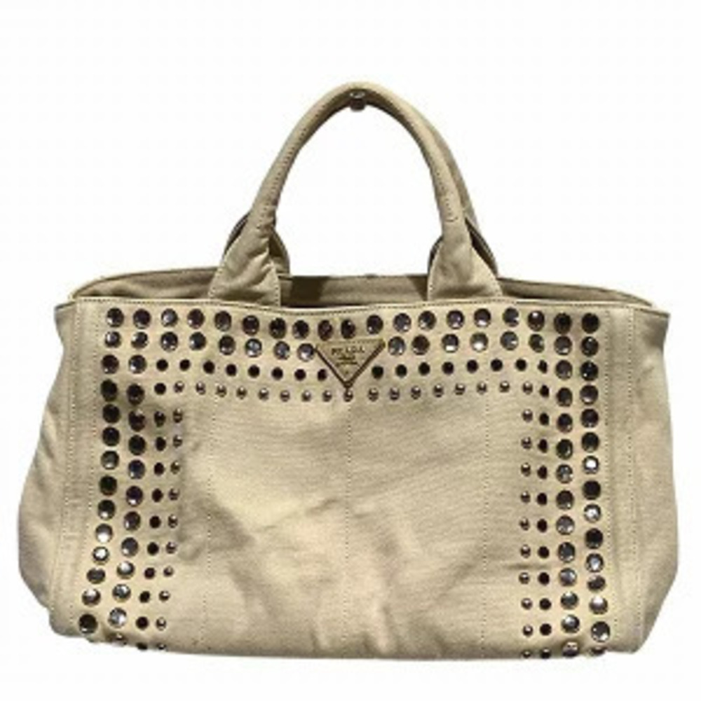 Prada Canapa Tote Bag Beige Cream Jewel Studs Handbag